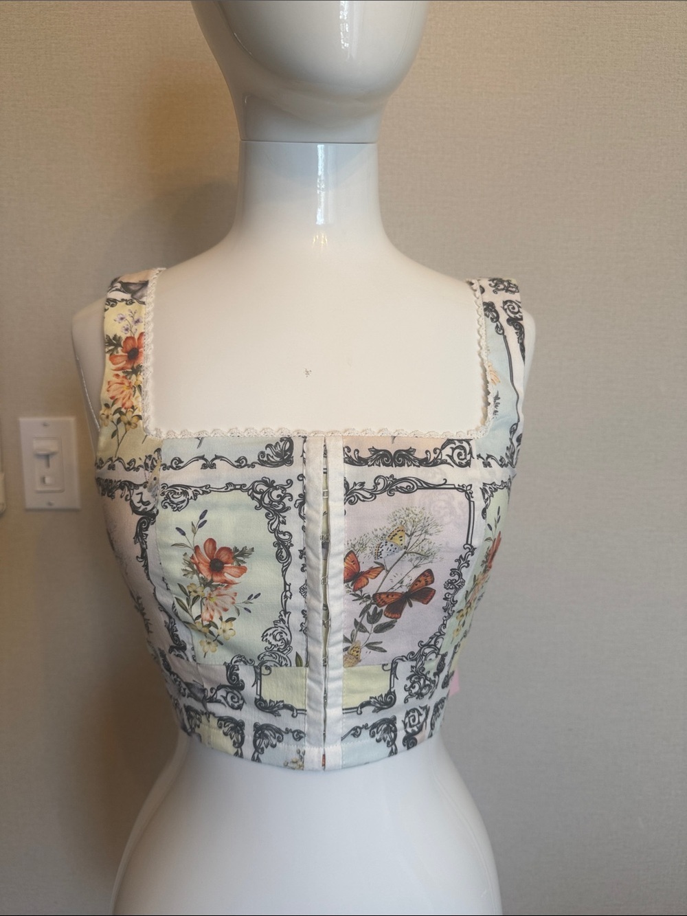 Avec Les Filles Floral Butterfly Square-Neck Crop Top in Pale Mint and Orange